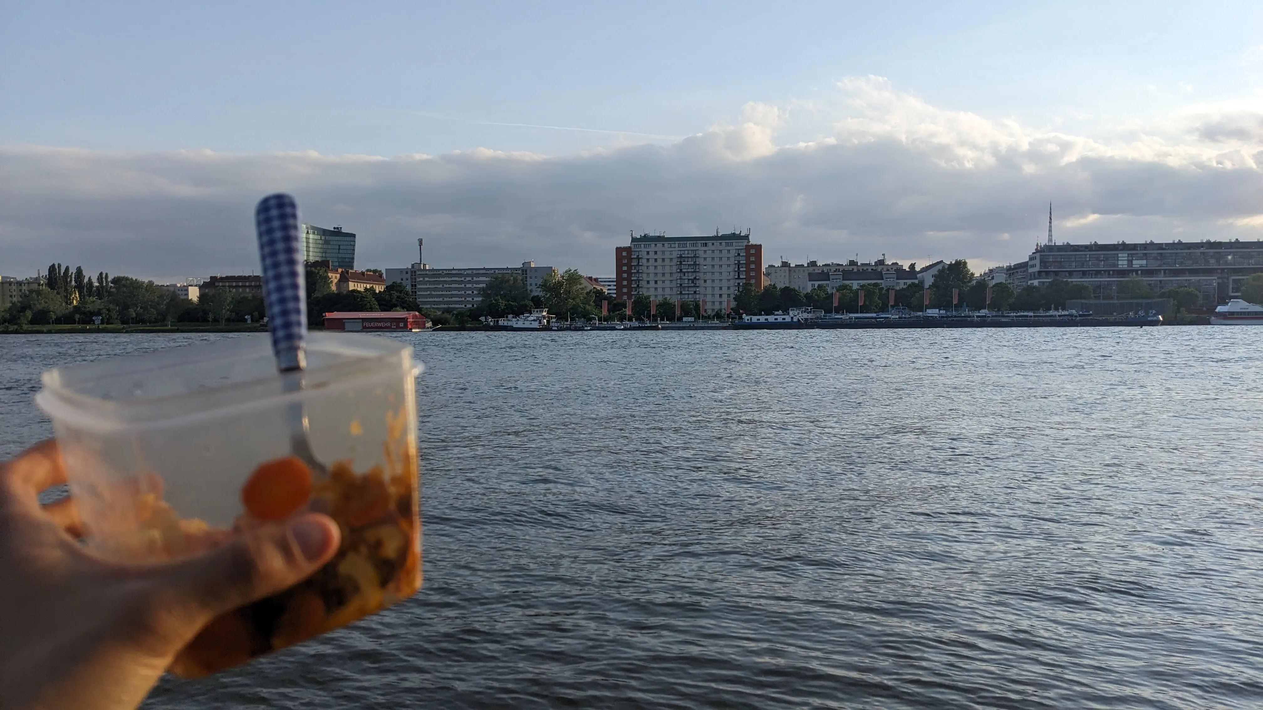 Me holding up my tupperware dinner, overlooking the Danube river