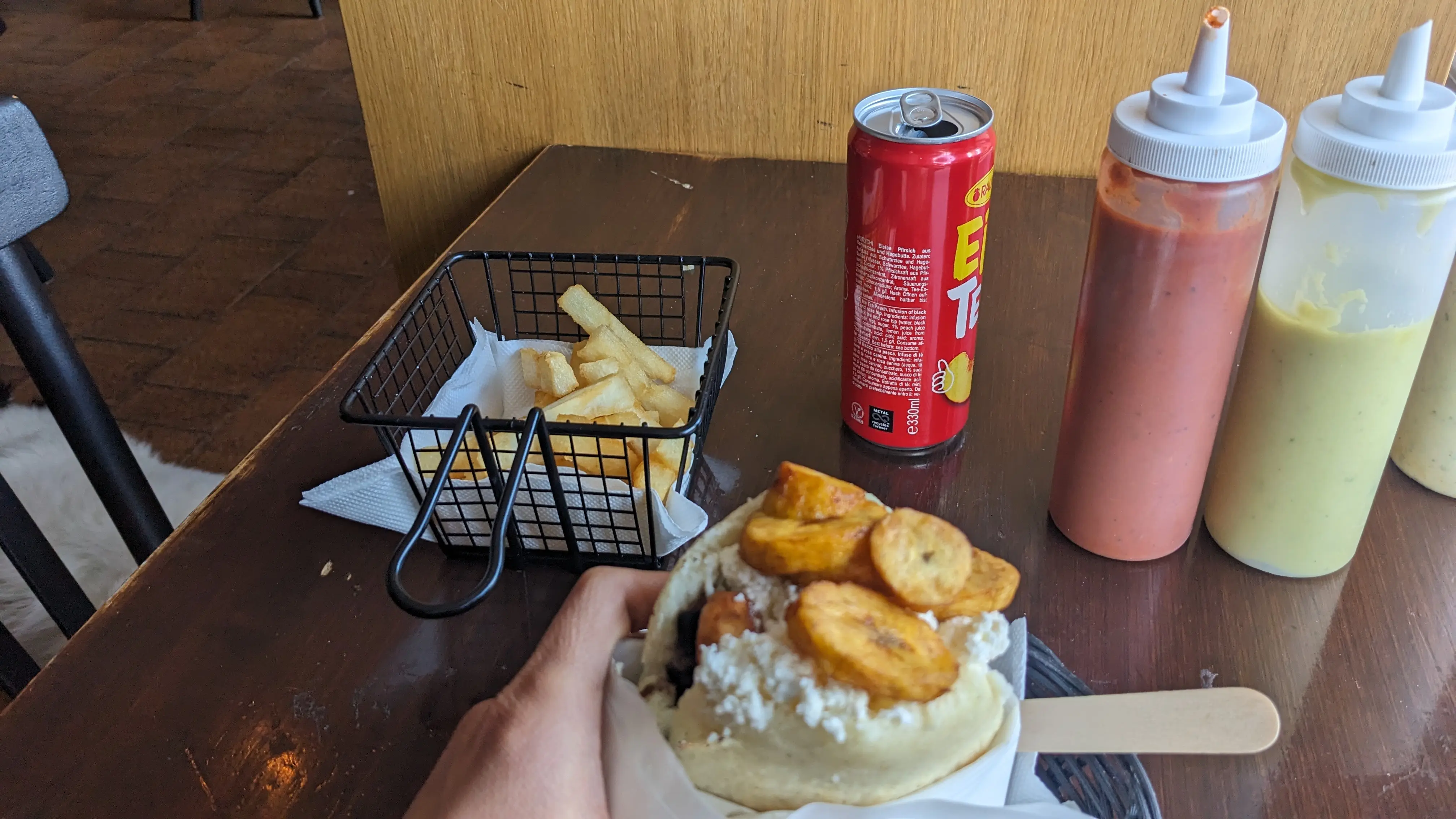 My lunch of yuca fries and arepas